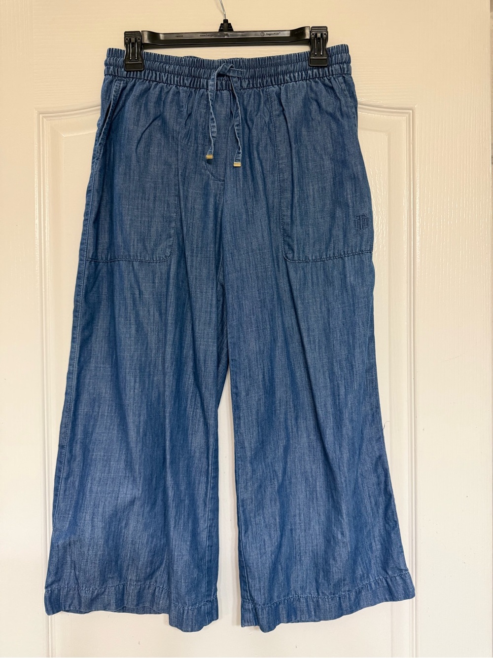 Tommy Hilfiger Chambray Wide Leg Cropped Pants XS Tencel Pull On Coastal Boho